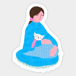 Cute girl and adorable white cat enjoying nature Sticker